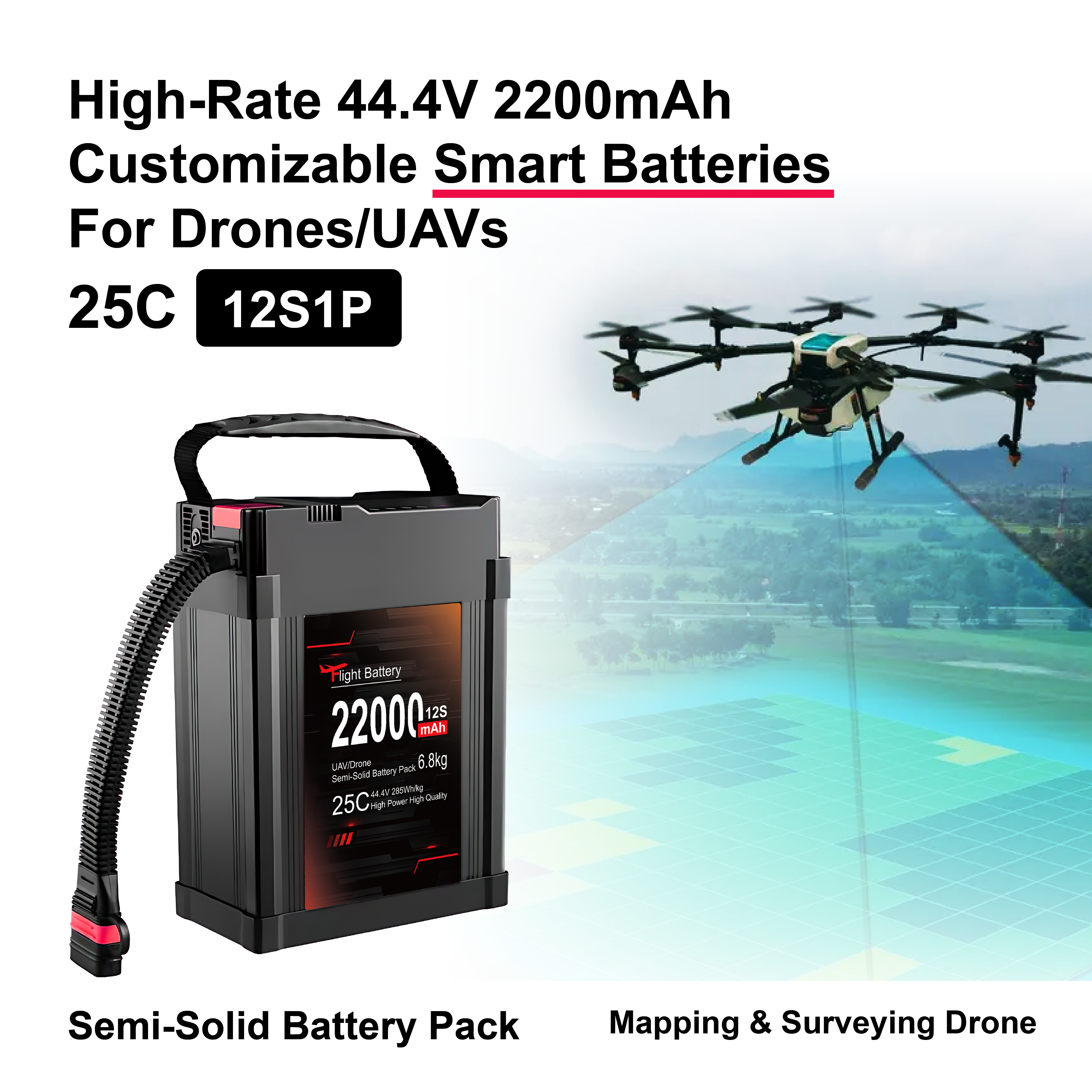 Custom 22000mAh 44.4V Smart Battery Pack | 12S1P, 25C for UAVs & Survey Drones