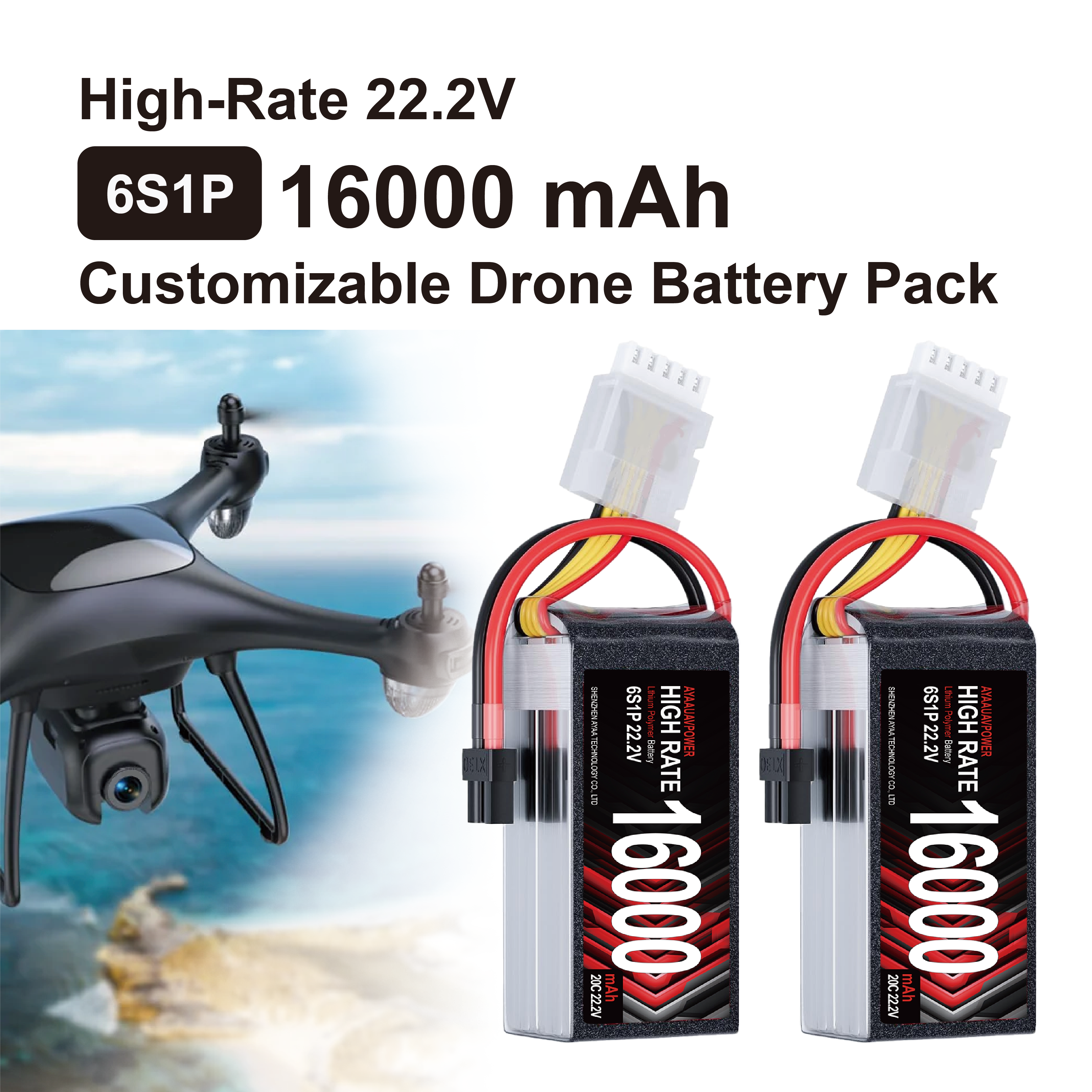 Customizable high-rate 6S1P 16000 mAh 22.2V drone Li-Polymer battery pack