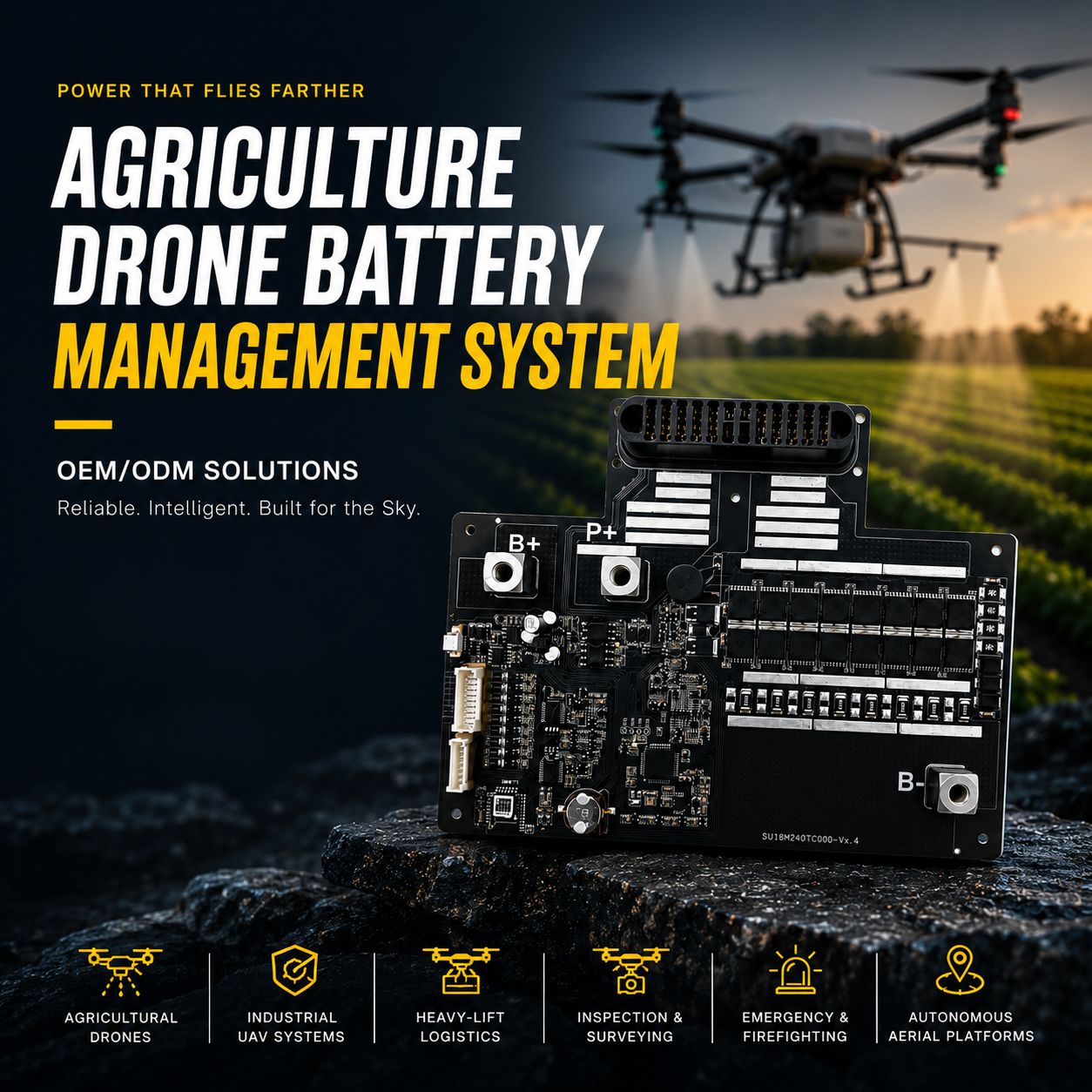 OEM/ODM Sistem Manajemen Baterai (BMS) Drone Pertanian | Sistem Baterai UAV 14S-24S 400A
