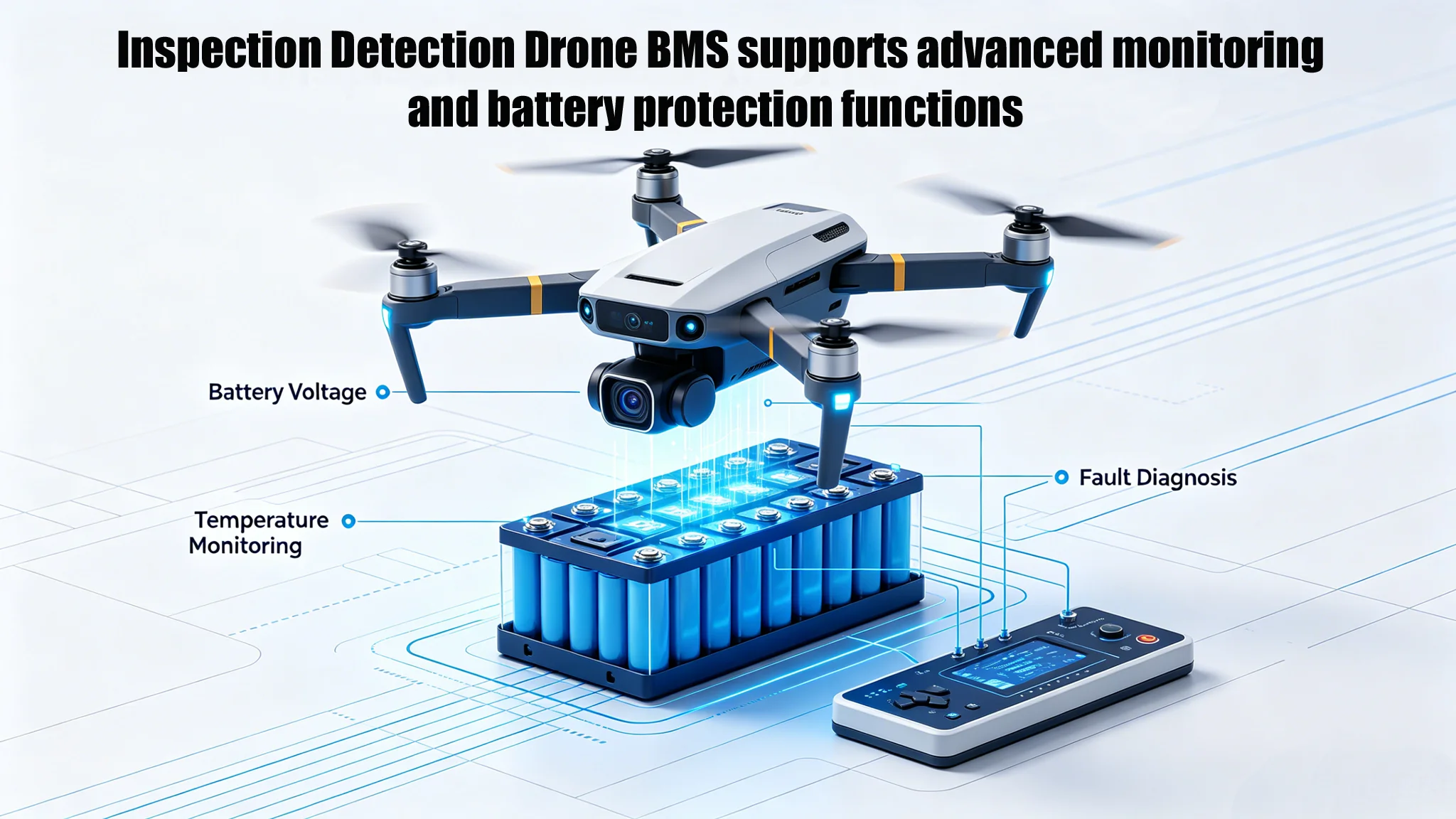 Il sistema BMS per droni di ispezione e rilevamento supporta funzioni avanzate di monitoraggio e protezione della batteria.