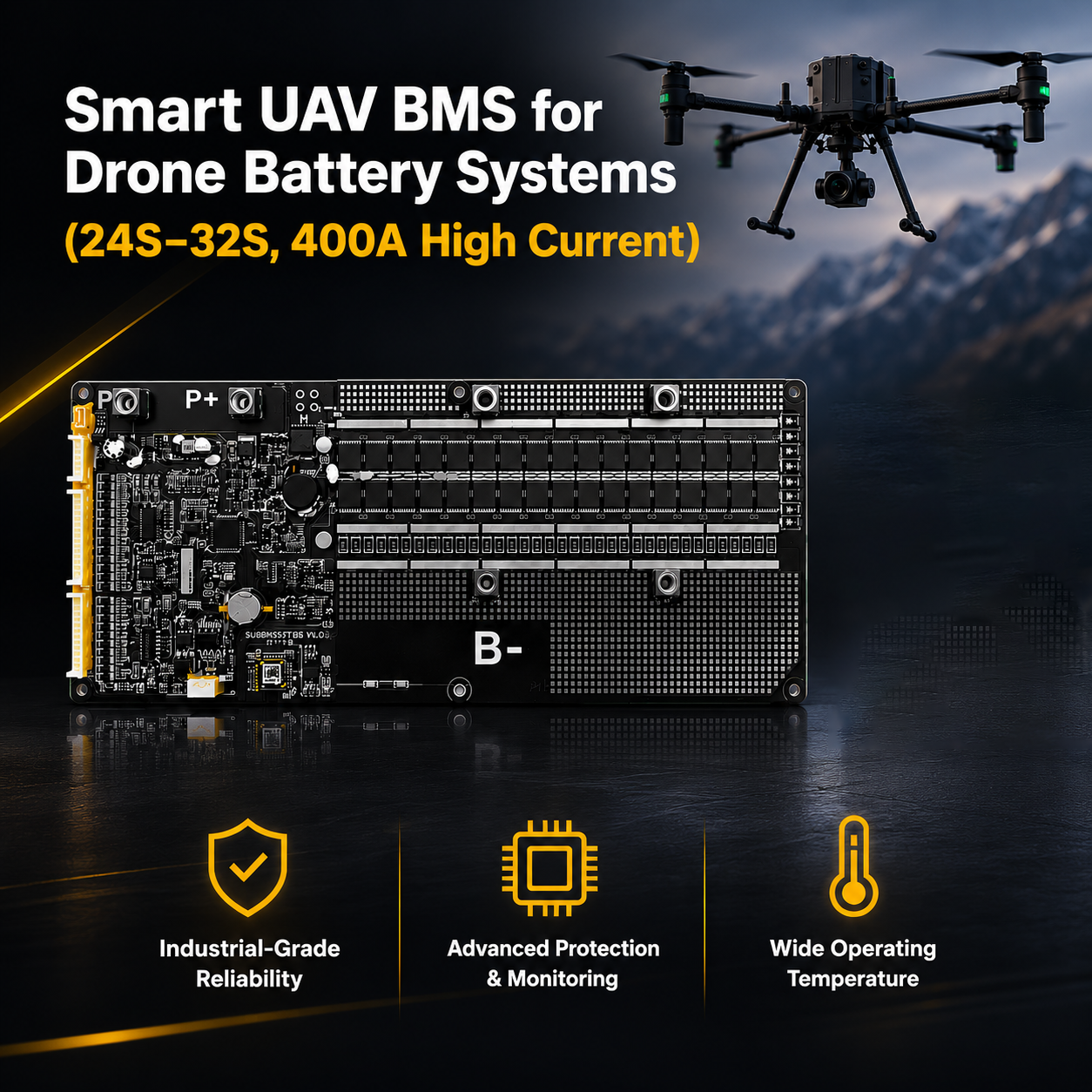 Sistema di gestione intelligente della batteria (BMS) per droni industriali da 17S–24S | Sistema di gestione della batteria per UAV ad alta corrente da 400A