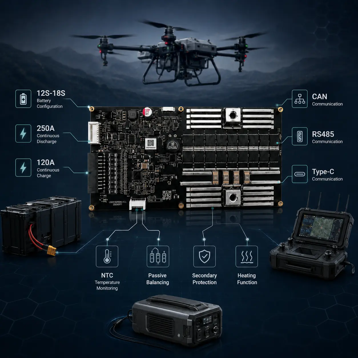 EF-004 UAV BMS board with isolated CAN and RS485 communication interfaces