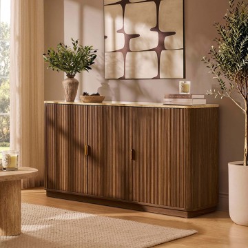 Hettie Three-Door Sideboard - Mid Wood and Marble Effect