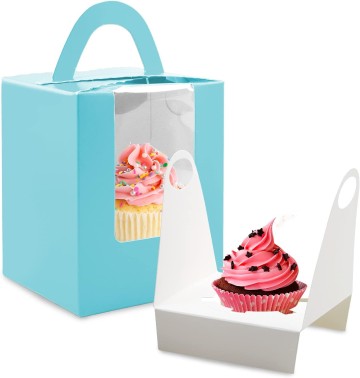 Custom 1-Cell Cupcake Box with Handle & Window White Kraft Paper Muffin Pastry Packaging Box