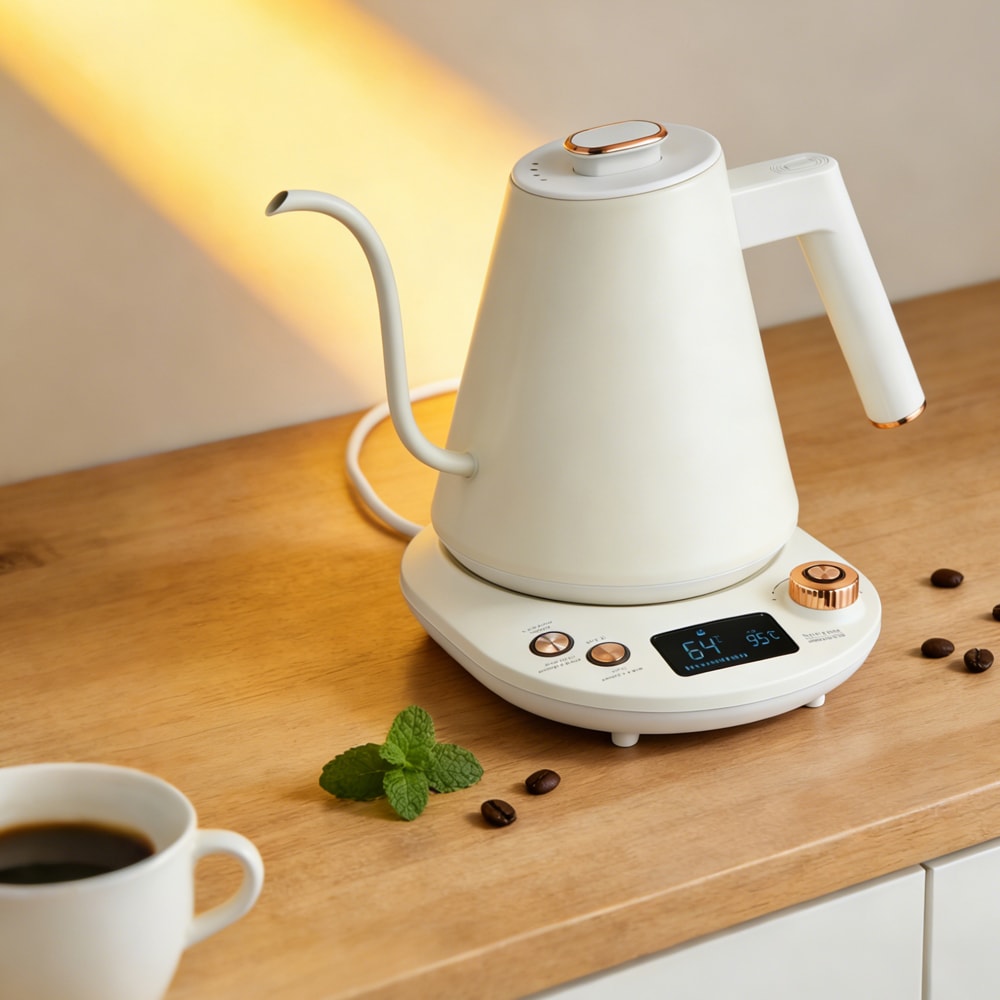 Utilisation moderne dans une cuisine domestique : bouilloire électrique à col de cygne en verre