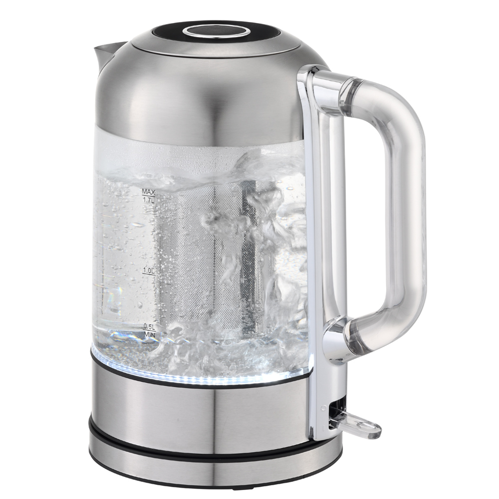 Bouilloire professionnelle en verre avec LED cobalt et couvercle en acier