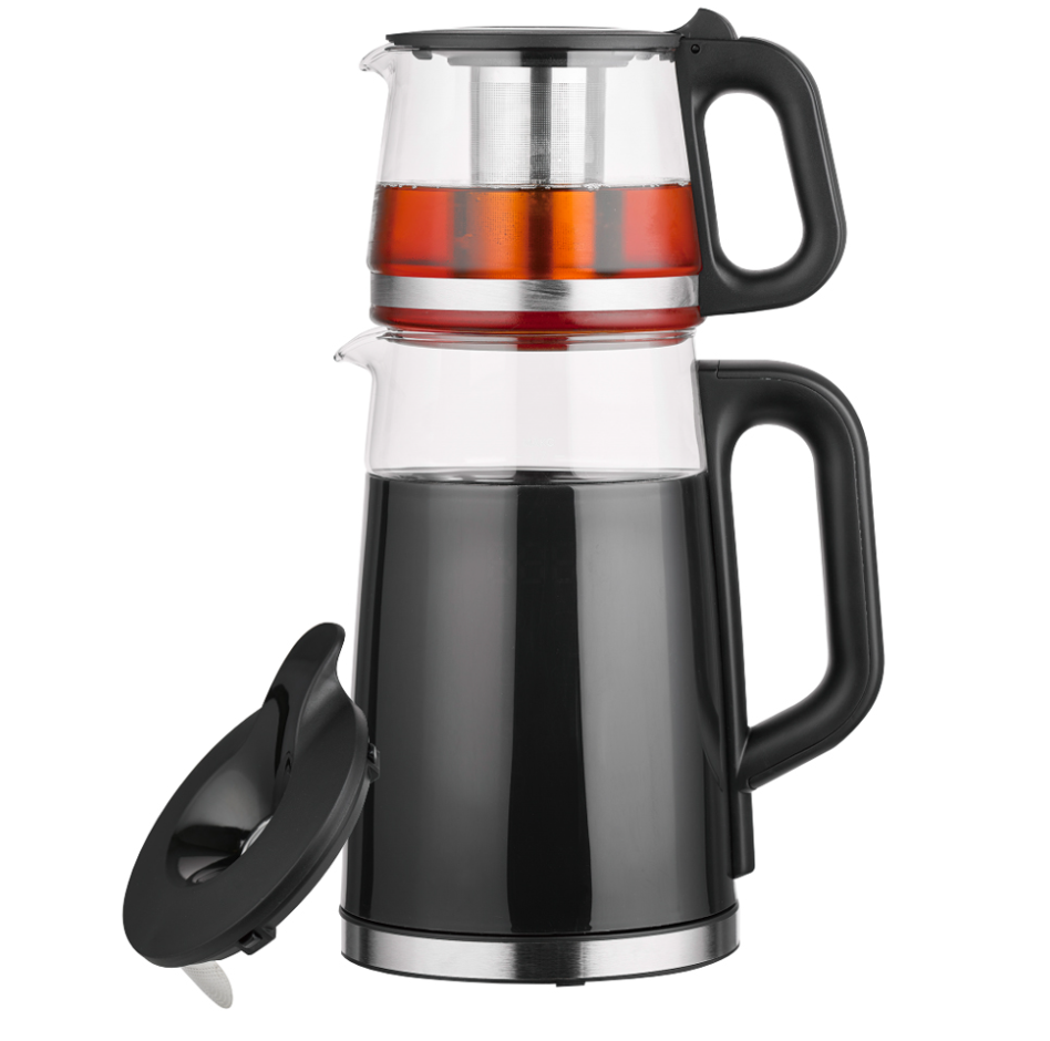  borosilicate inner vessel, 304 stainless steel base, 1.0–2.0L capacity range, multi-gear temperature control. The default hotel-room kettle spec for the GCC procurement region.