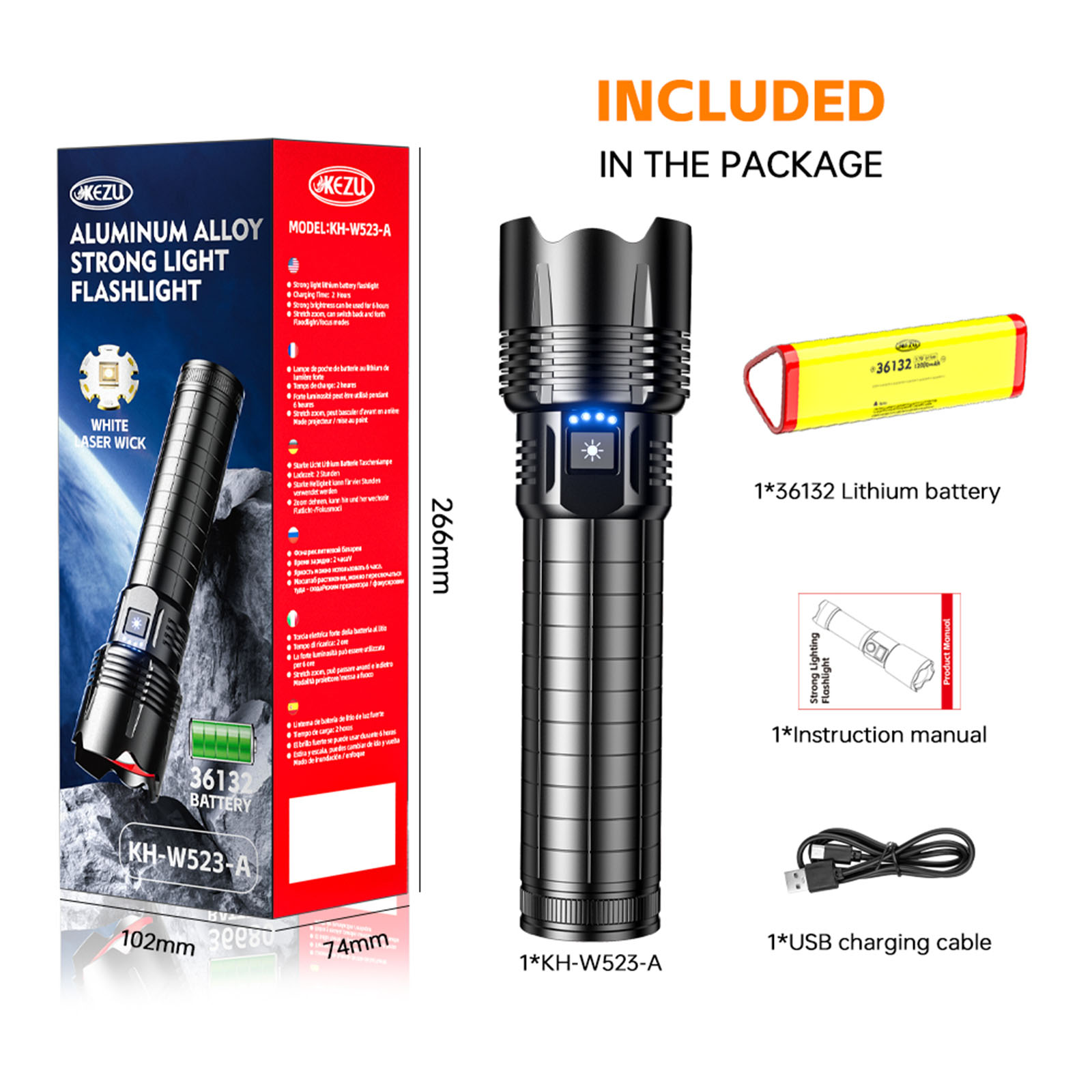 20W Weißlicht-Laser-Taschenlampe, 10800mAh Akku, wiederaufladbar, 600M 2000LM, Zoom, wasserdicht, für Camping und Wandern (6)