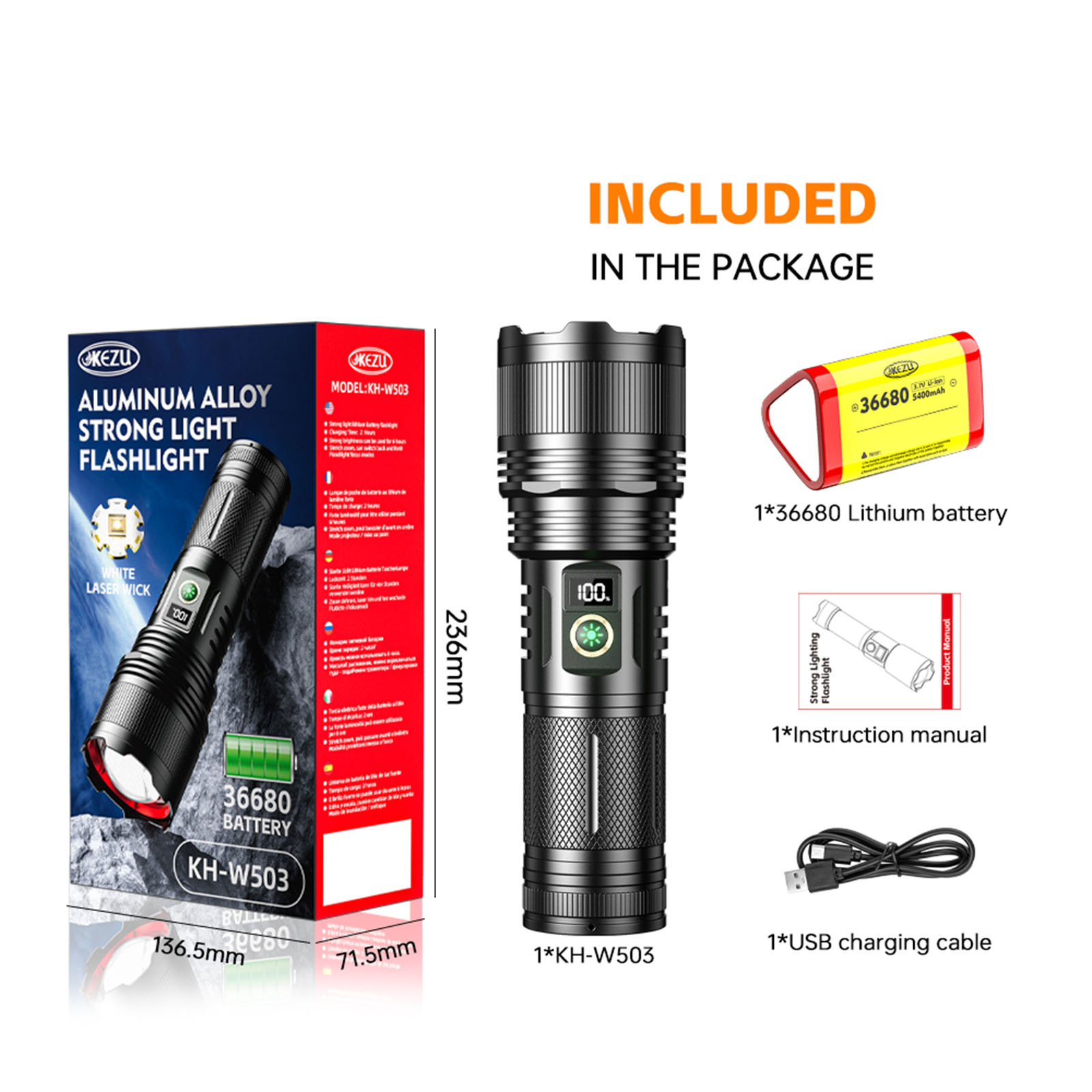 Lampe torche laser 2000 lm rechargeable 6000 mAh, zoomable, étanche, lumière blanche froide 7000 K (4)