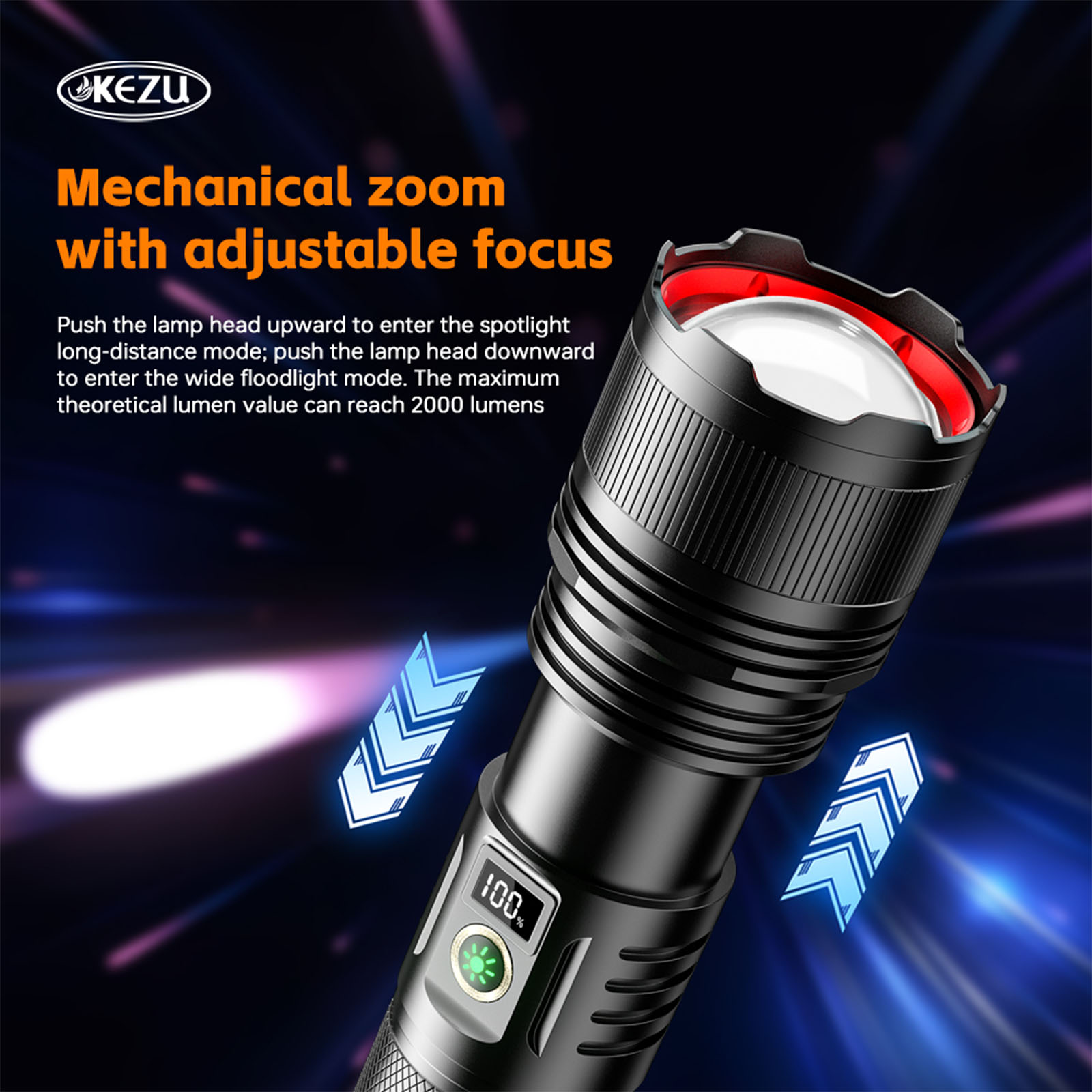 Lampe torche laser 2000 lm, rechargeable 6000 mAh, zoomable, étanche, lumière blanche froide 7000 K (7)
