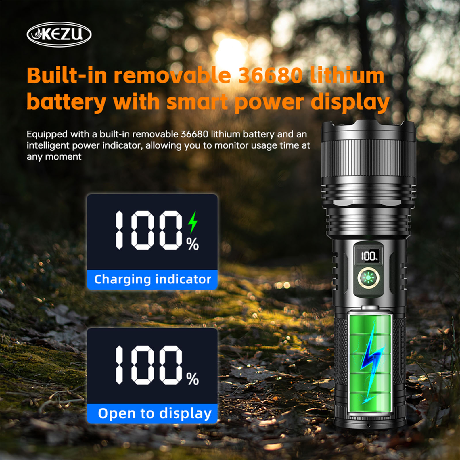 Lampe torche laser 2000 lm, rechargeable 6000 mAh, zoomable, étanche, lumière blanche froide 7000 K (9)