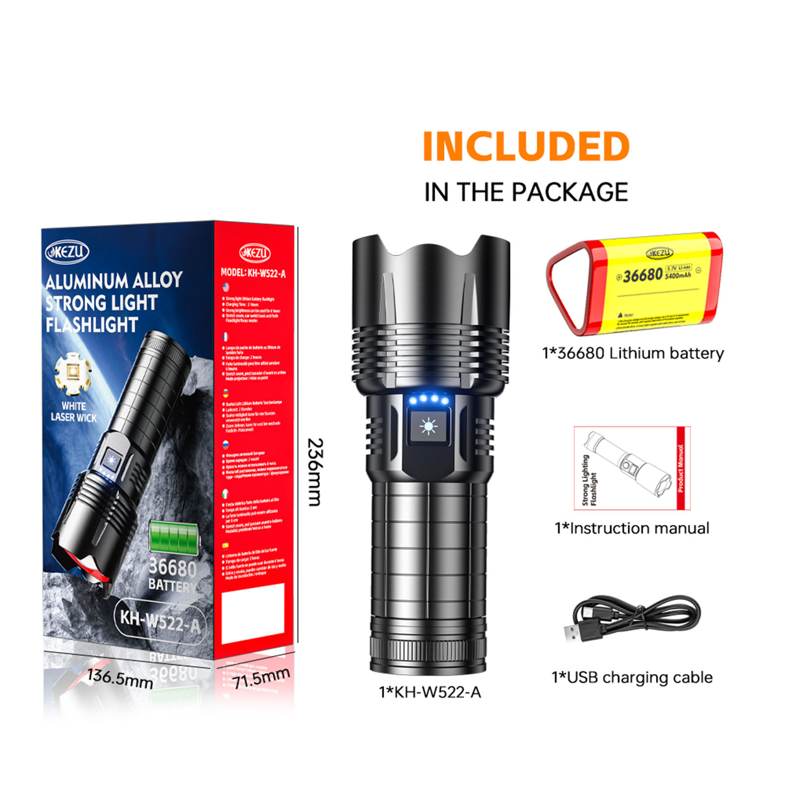 Lampe torche laser 2000 lm, rechargeable, 5400 mAh, portée 600 m, zoomable, IP45, blanc froid 7000 K (4)