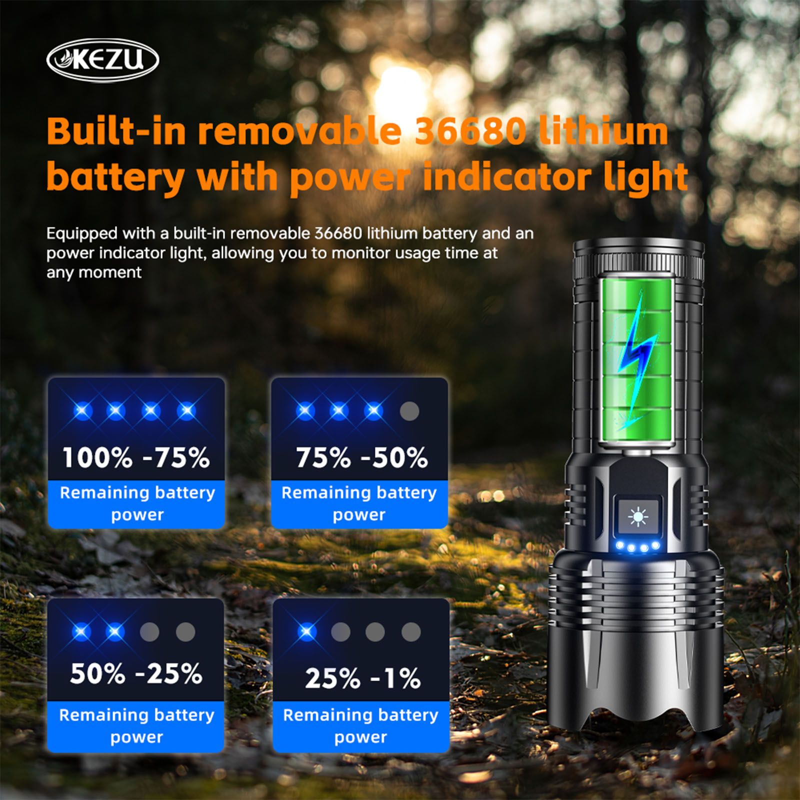 Lampe torche laser 2000 lm, rechargeable, 5400 mAh, portée 600 m, zoomable, IP45, blanc froid 7000 K (9)