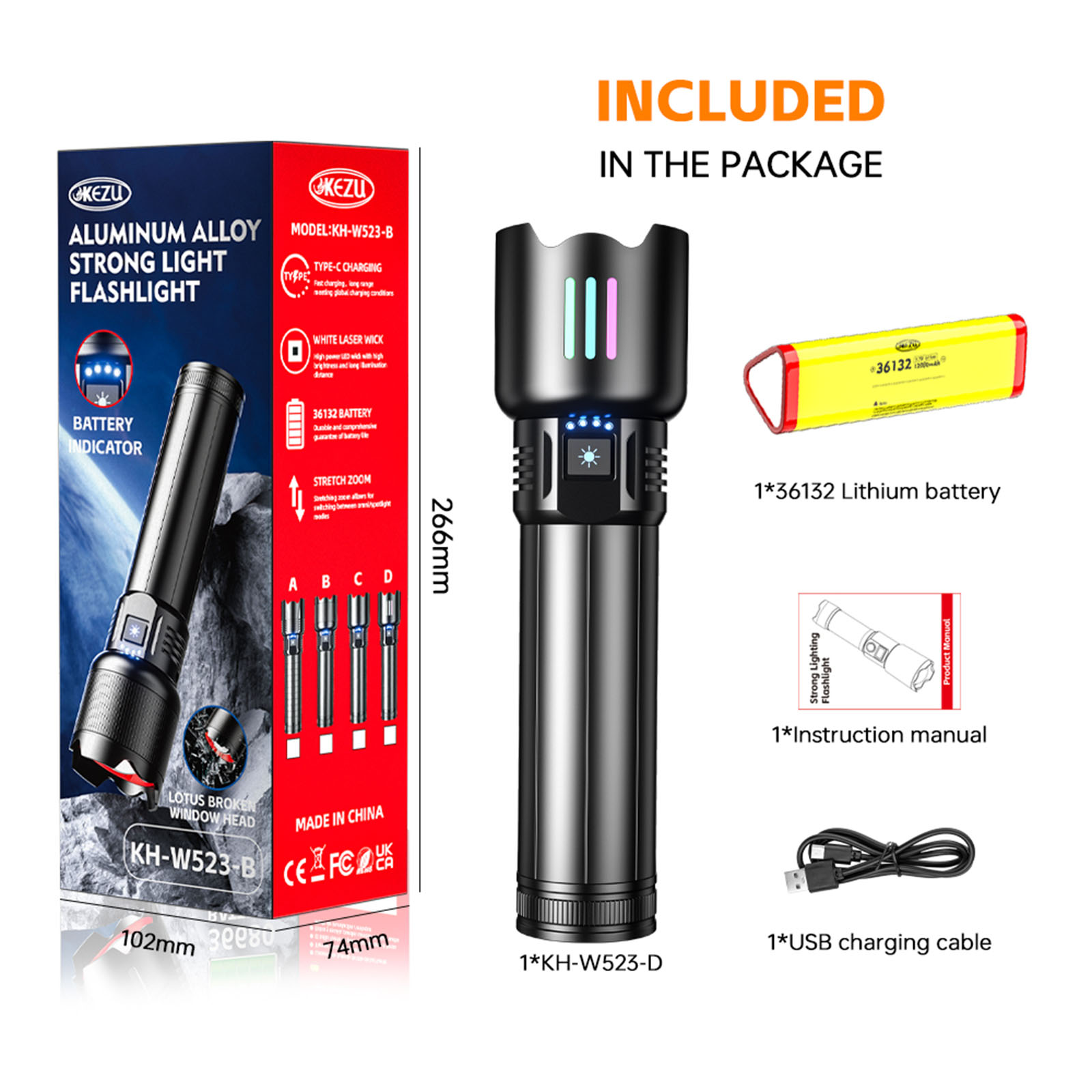 Lampe torche laser W523D 10800mAh rechargeable 600M IP45 Fonction zoom (4)