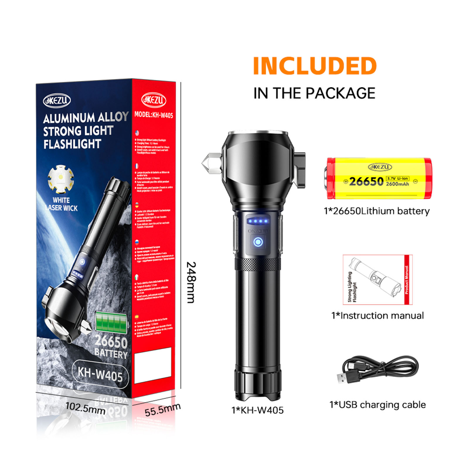 Multifunktionale Taschenlampe, wiederaufladbar, 800 lm, zoombar, IP45, Powerbank, Sicherheitshammer, Gurtschneider, Magnet (7)