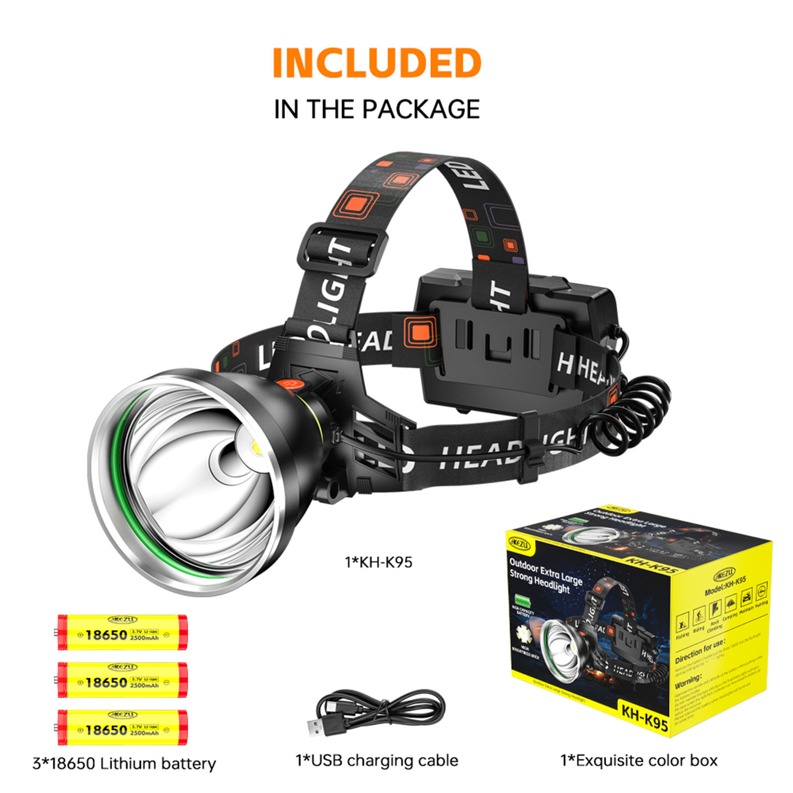 Lanterna de cabeça LED para pesca noturna ao ar livre, recarregável via USB, ideal para mineração (3 unidades)