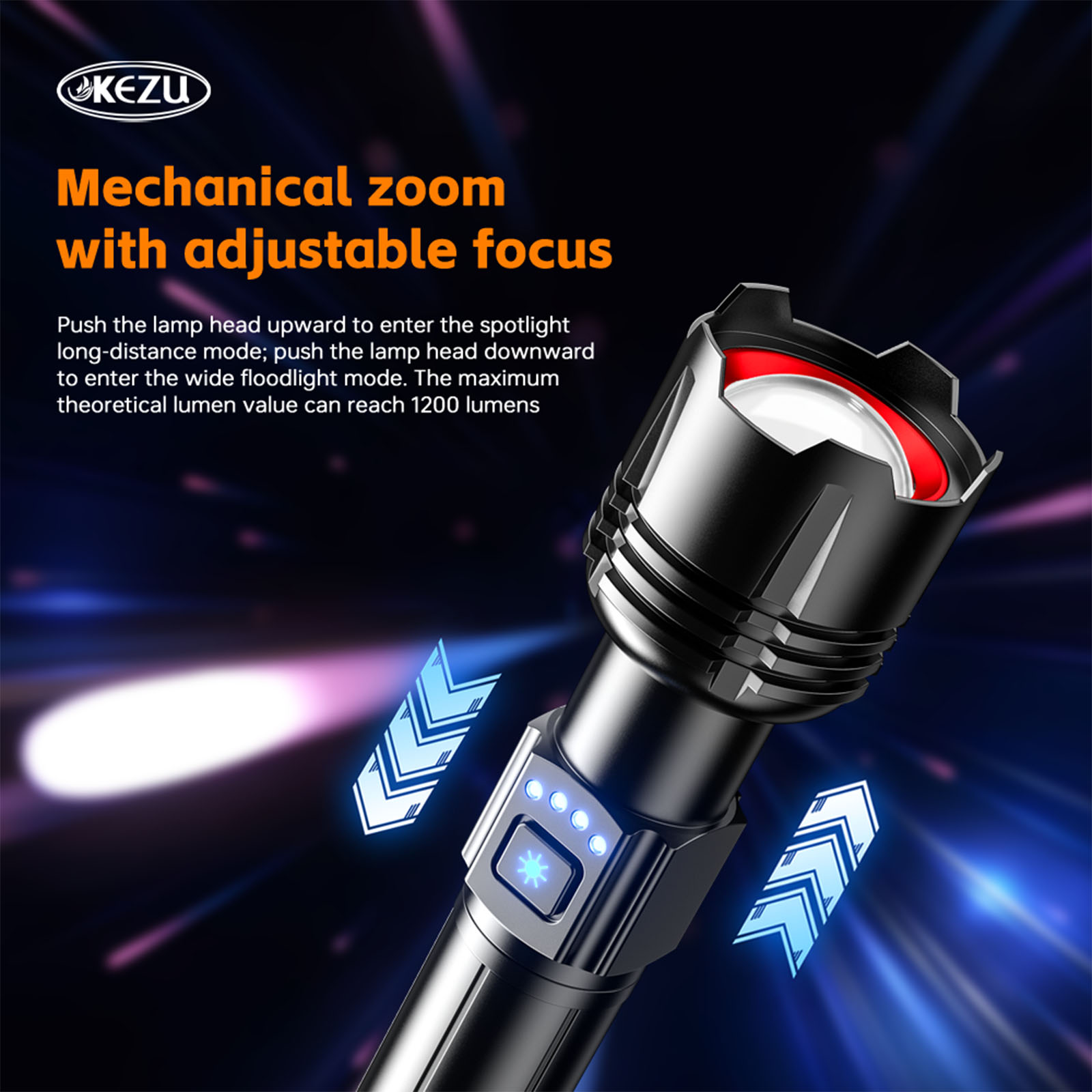 Lampe torche étanche ultra-lumineuse, rechargeable avec zoom, puissance de 1200 lumens et autonomie de 24 heures (7)