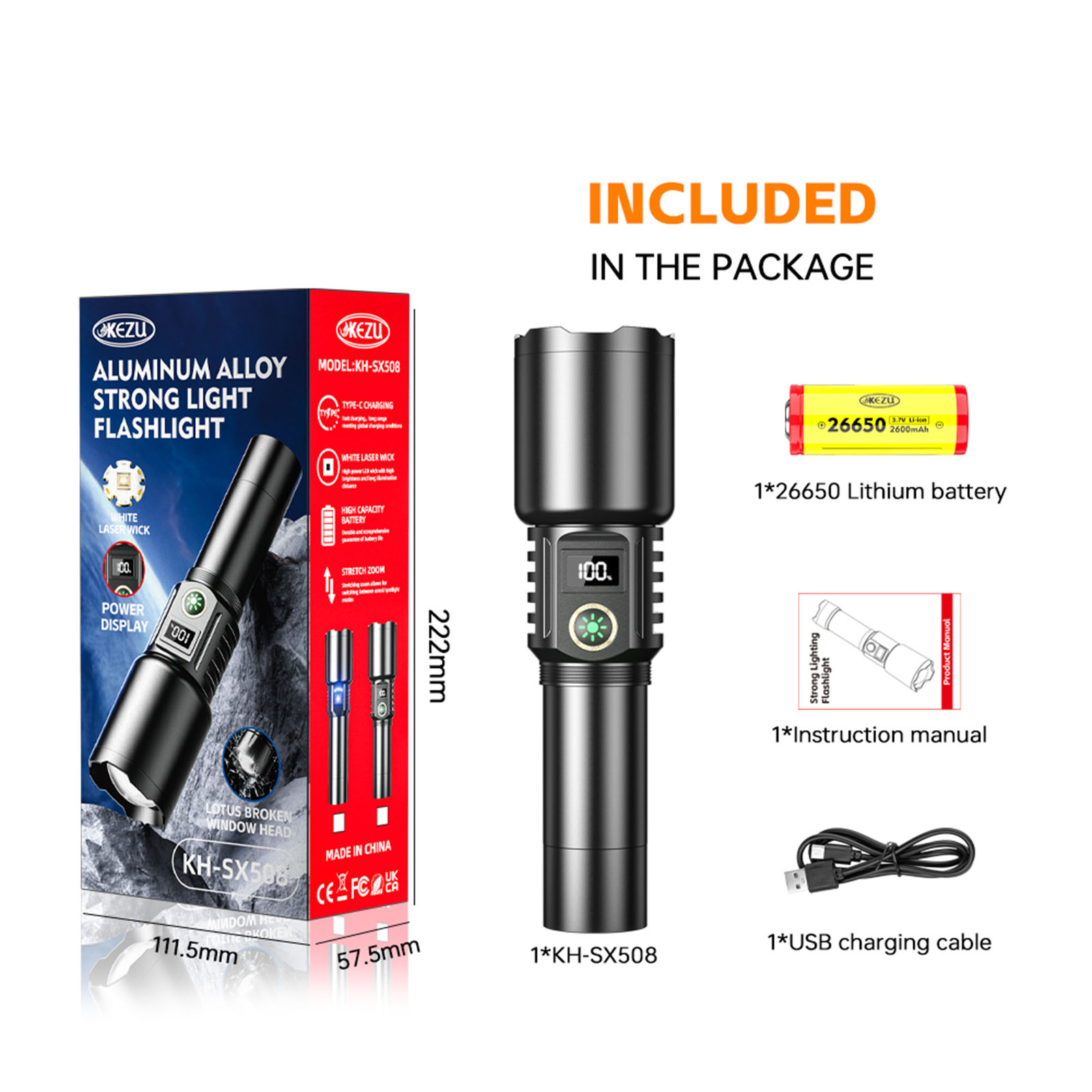SX-508 Black Sword Wiederaufladbare Taschenlampe Laser 2000LM Zoombar Wasserdicht 26650 Batterie (4)