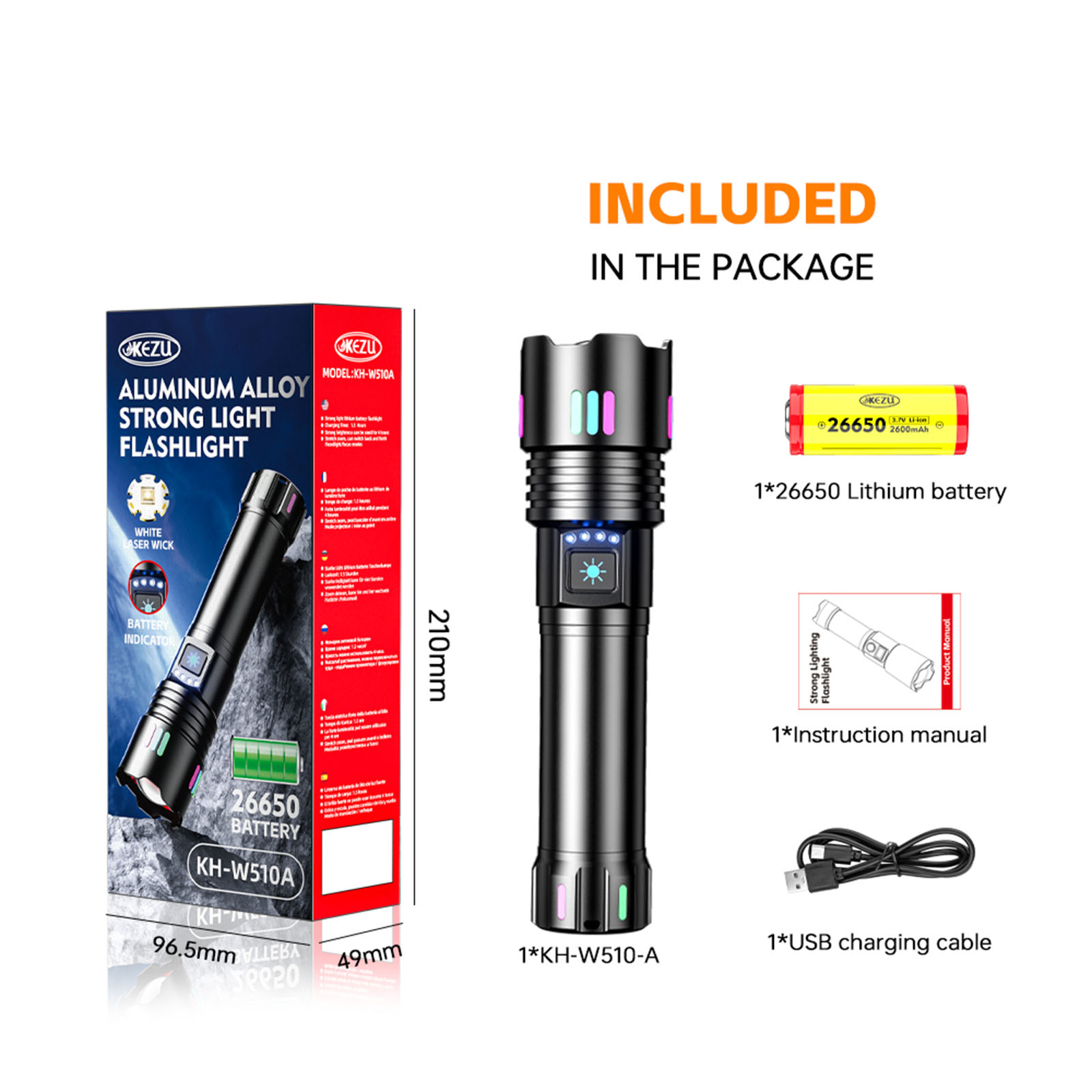 Lanterna W510A Laser de Longo Alcance King 500M Alcance 2000LM Bateria 26650 Lanterna com Zoom (4)