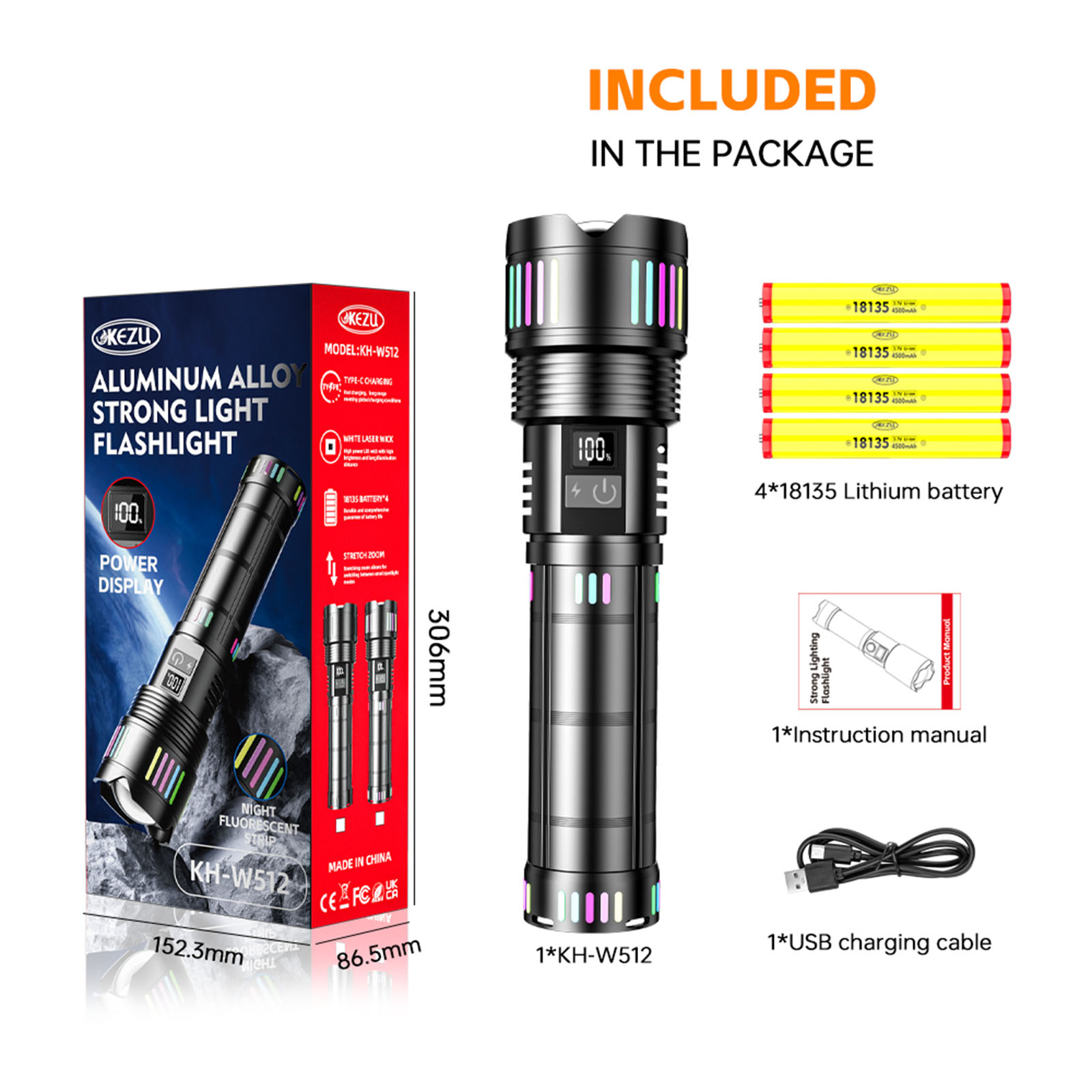 W512 Laser-Taschenlampe 1000M Wiederaufladbarer 14400mAh Akku Zoombar 3000LM IP45 (4)