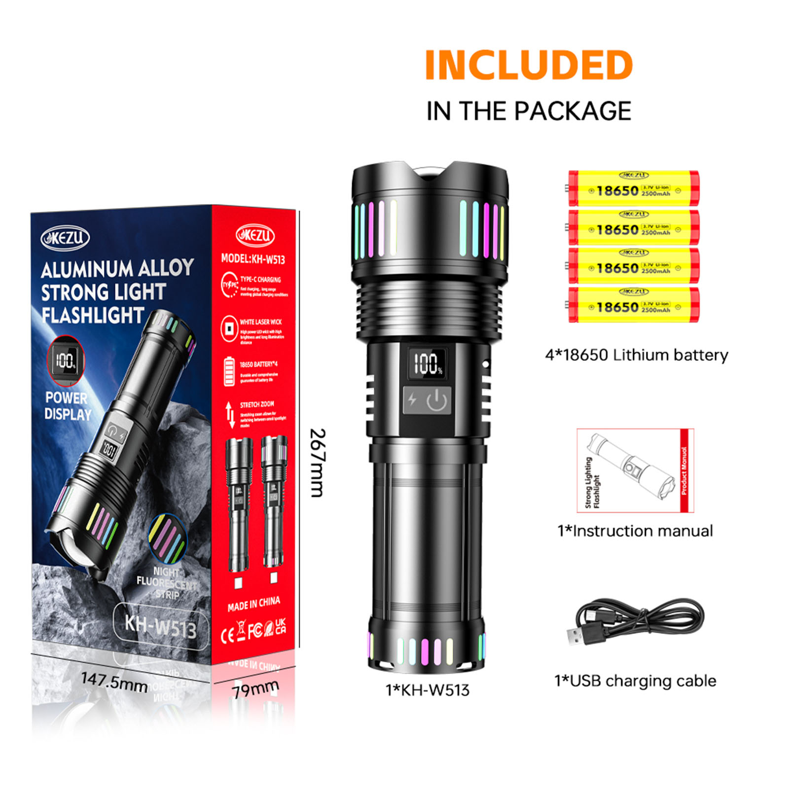 Lampe torche laser LED rechargeable W513 1000M 3000LM 4x18650 avec zoom IP45 (4)