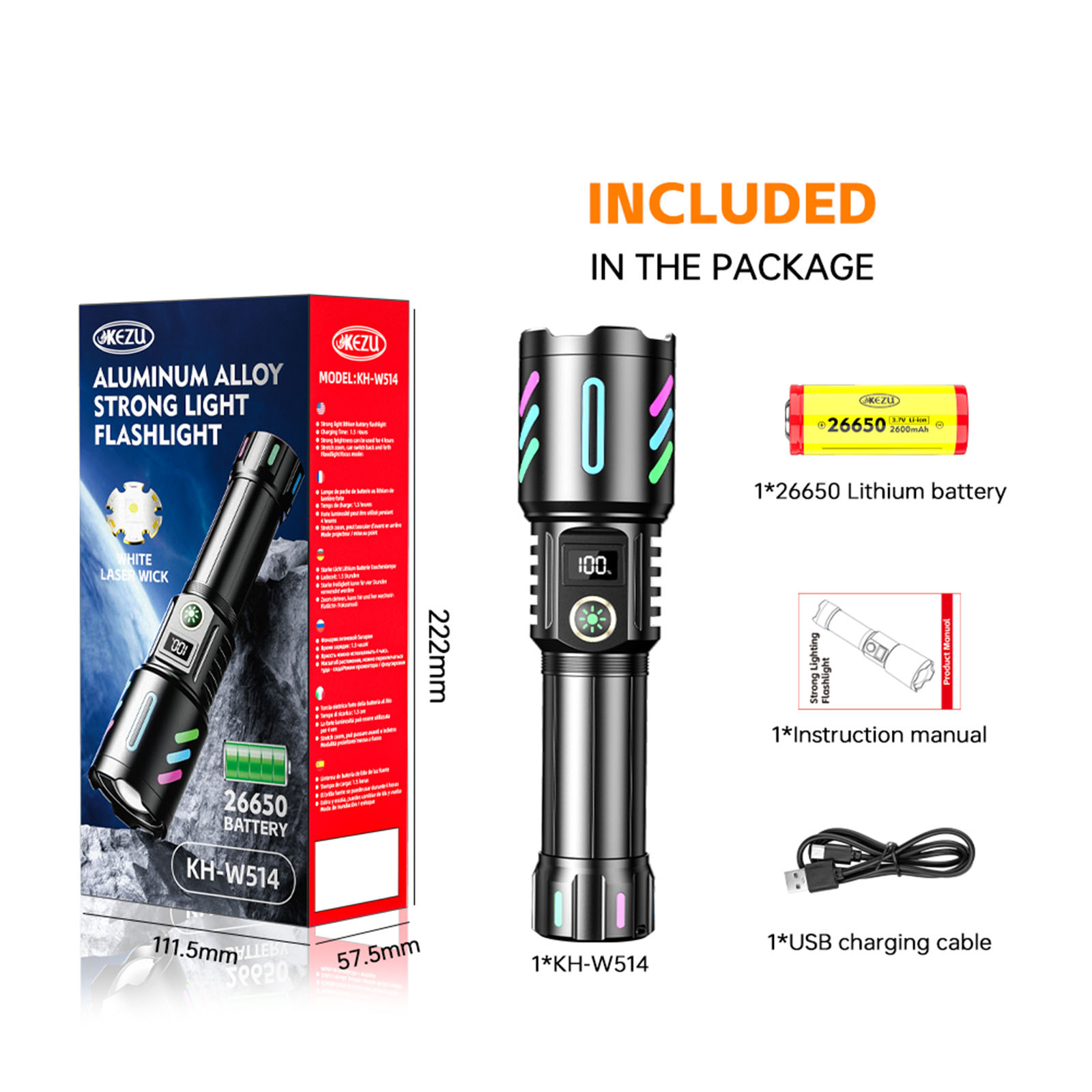 W514 Laser Flashlight 600M Rechargeable Zoomable IP45 Torch Outdoor Camping Hiking (4)