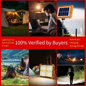 500W Solar LED Camping Light, Portable Rechargeable Floodlight with 2400mAh Power Bank, 4 Light Modes & SOS Flash, IP66 Waterproof Work Light with Magnet & Type-C Fast Charging for Camping, Hiking, Em