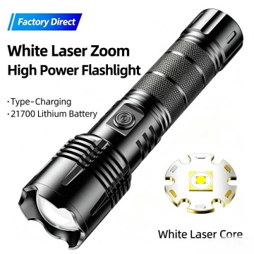 Factory Direct OEM Custom Rechargeable Tactical Flashlight High Power White Laser Core Zoomable LED Light Set with 21700 Battery & Lanyard Torch Light with Gift Box