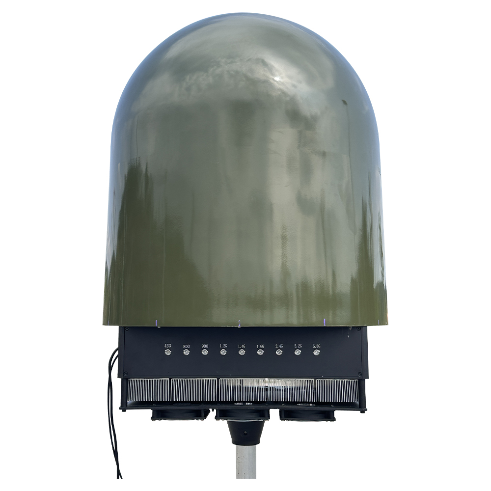 This all-in-one 360° defense solution combines omnidirectional detection (0-10km range) with multi-band jamming in a compact (
