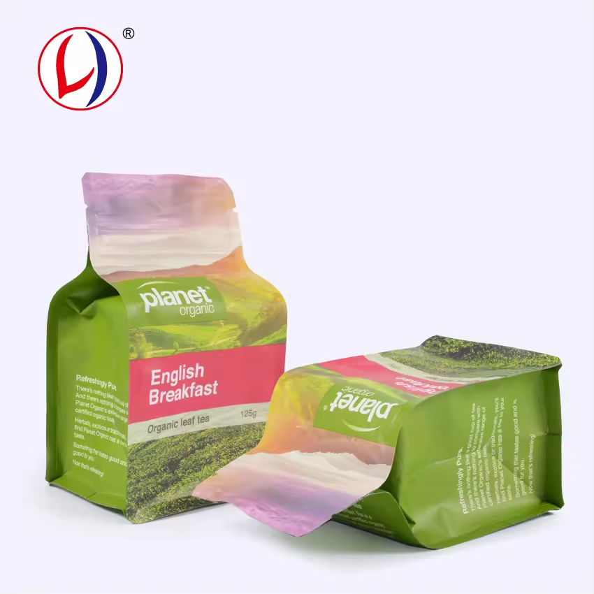 Food Grade PE Plastic Custom Square Bottom Tea Packaging Bags With Zipper