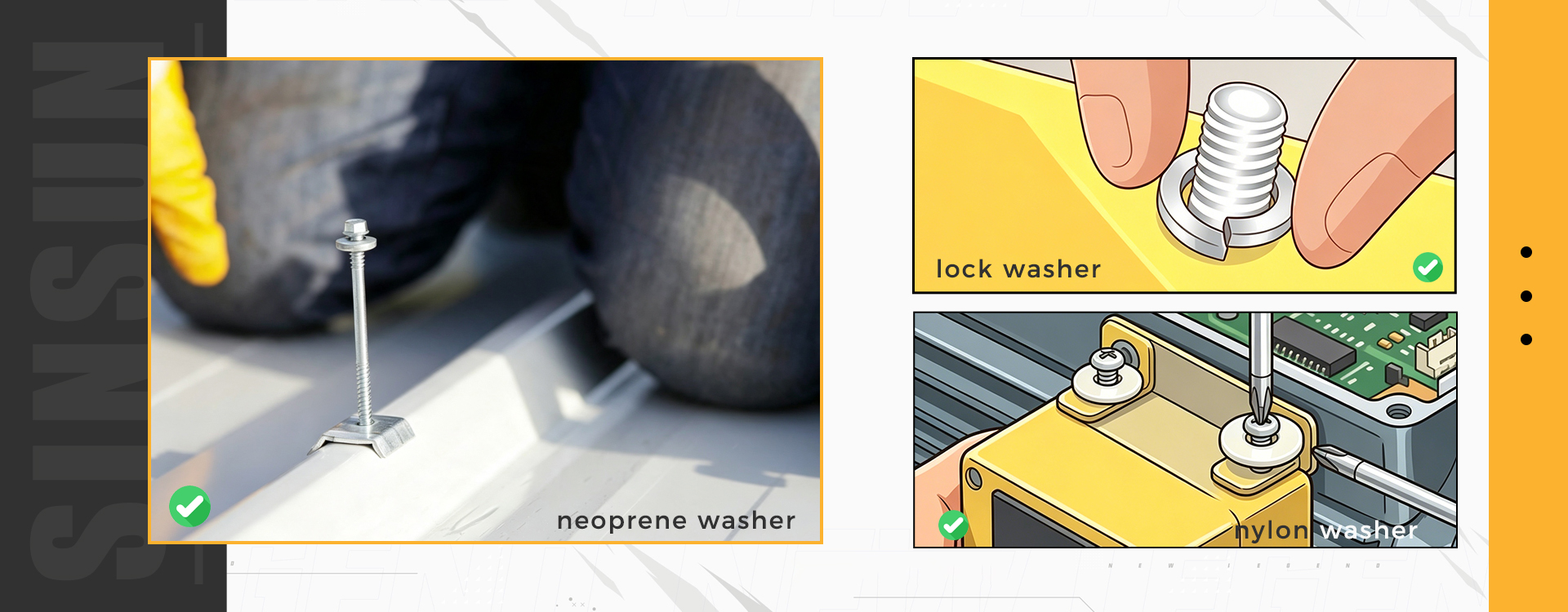 Installation guide for lock washers, neoprene washers and nylon washers, proper application of fastening washers on construction projects
