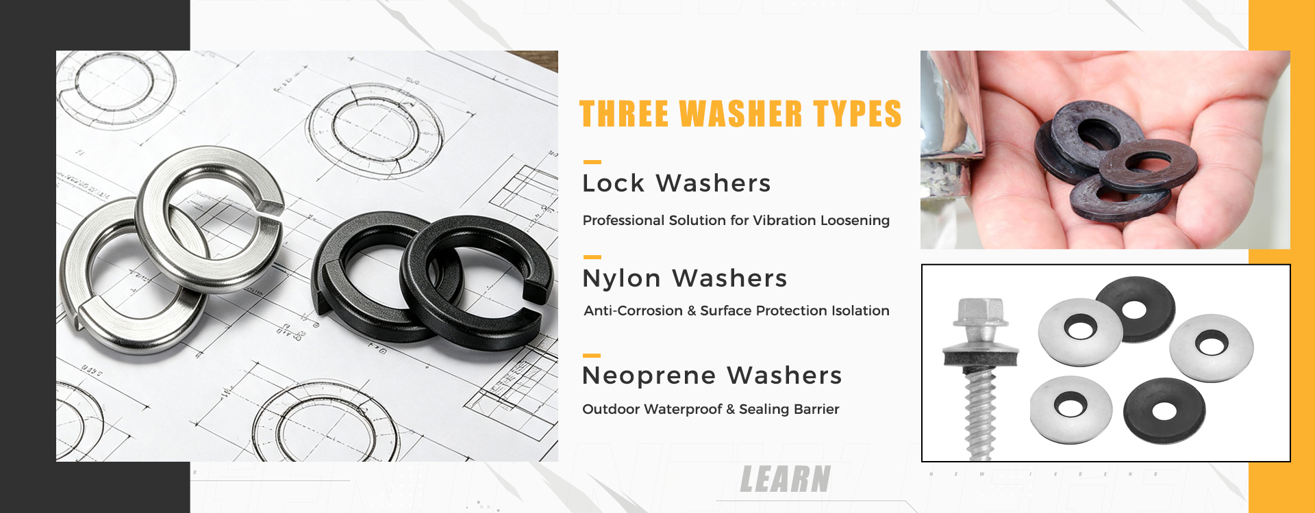 Three types of fastening washers: Lock Washers, Nylon Washers, Neoprene Washers for construction projects