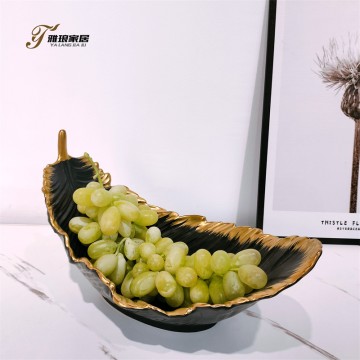 Yalang Home Ceramic Fruit Plate: Black - Gold Leaf Design