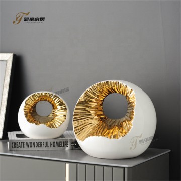Modern Minimalist Round Hollow Ceramic Sculpture White and Gold Glossy Tabletop Accent