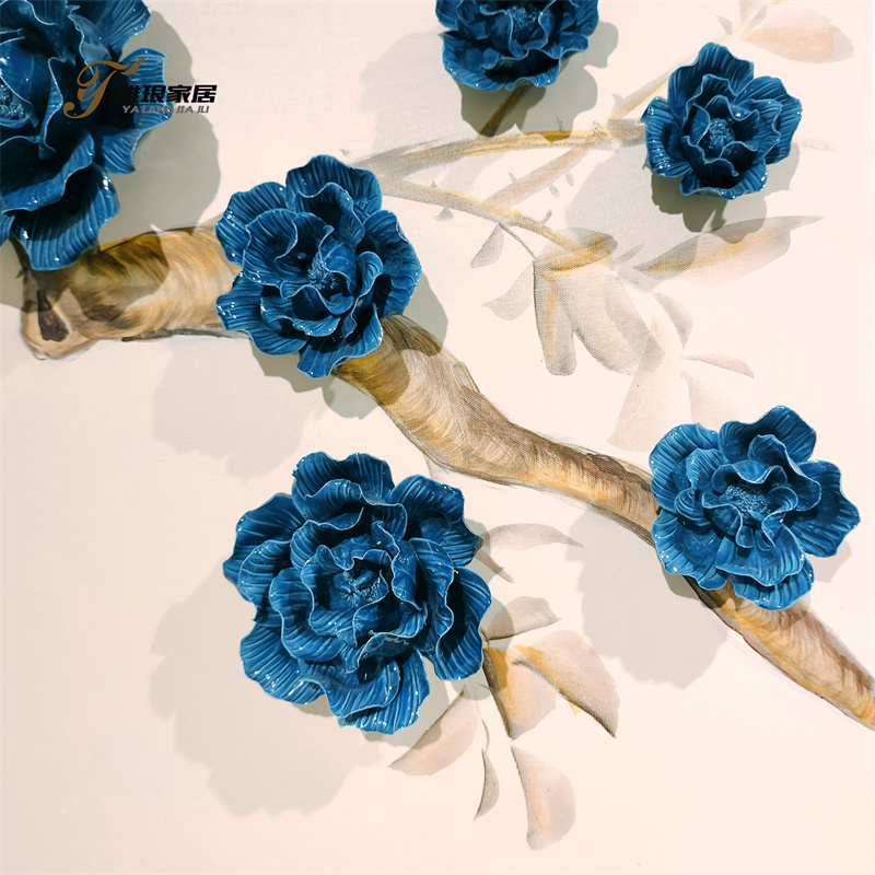 Yalang Home Blue Ceramic Handmade Flowers: Blossoming on Branches in 3D Wall Art