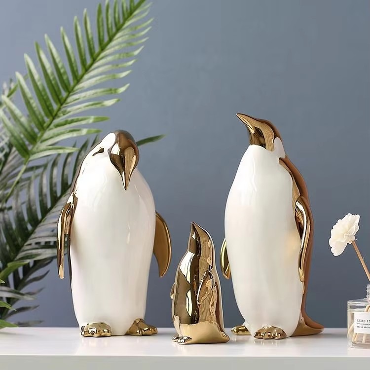 Gold - Accented Ceramic Penguin Family Decor: Luxury Home Ornaments for Modern Interiors