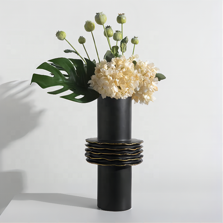 Modern Ceramic Vases with Gold - Accented Ripple Details: Sleek Home Decor Statement Pieces