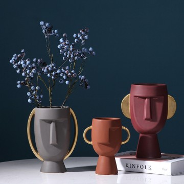 Abstract Face Ceramic Vases Set: Artistic Home Decor with Golden Accents