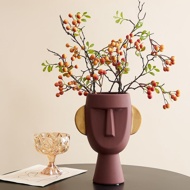 Abstract Face Ceramic Vases Set: Artistic Home Decor with Golden Accents