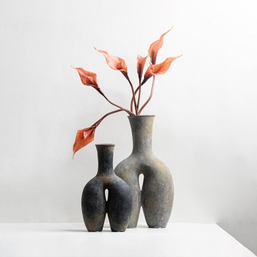 Abstract Textured Ceramic Vase Set: Earthy Toned Sculptural Vessels for Bohemian & Rustic Modern Home Decor