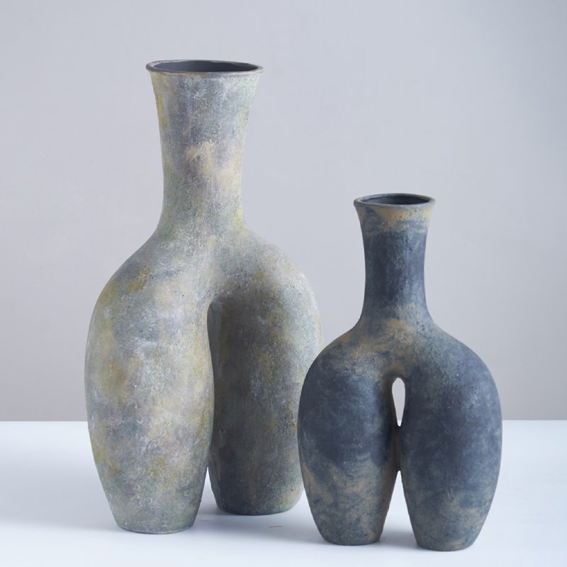 Abstract Textured Ceramic Vase Set: Earthy Toned Sculptural Vessels for Bohemian & Rustic Modern Home Decor
