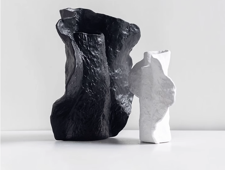 Abstract Textured Ceramic Vase Set: Black & White Artistic Sculptural Vases for Modern Home Decor