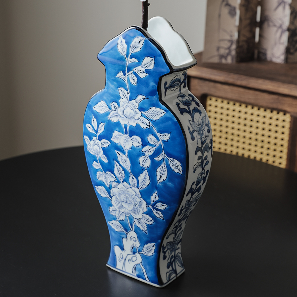 Blue and White Porcelain Vase with Crane and Floral Patterns: Exquisite Oriental Art for Home Decor