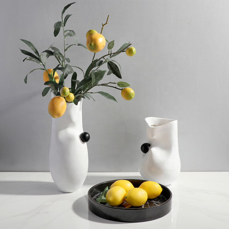 Abstract White Ceramic Vase Set with Black Accent - Modern Home Decor for Floral Arrangements