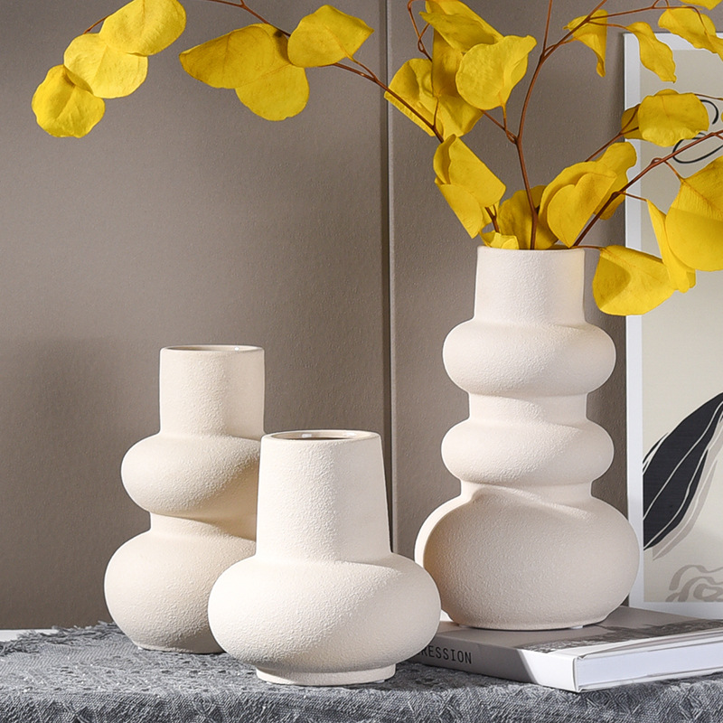 Textured Beige Ceramic Vases: Abstract Shaped Art Pieces for Modern Bohemian & Minimalist Interior Stylingee