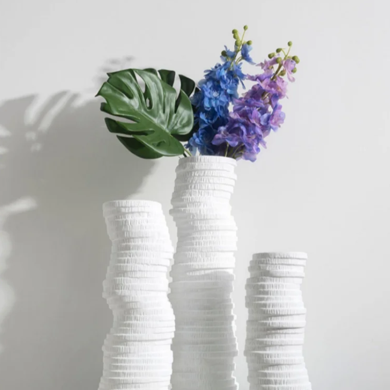 Minimalist White Wavy Textured Vases - Modern Home Decor Accents