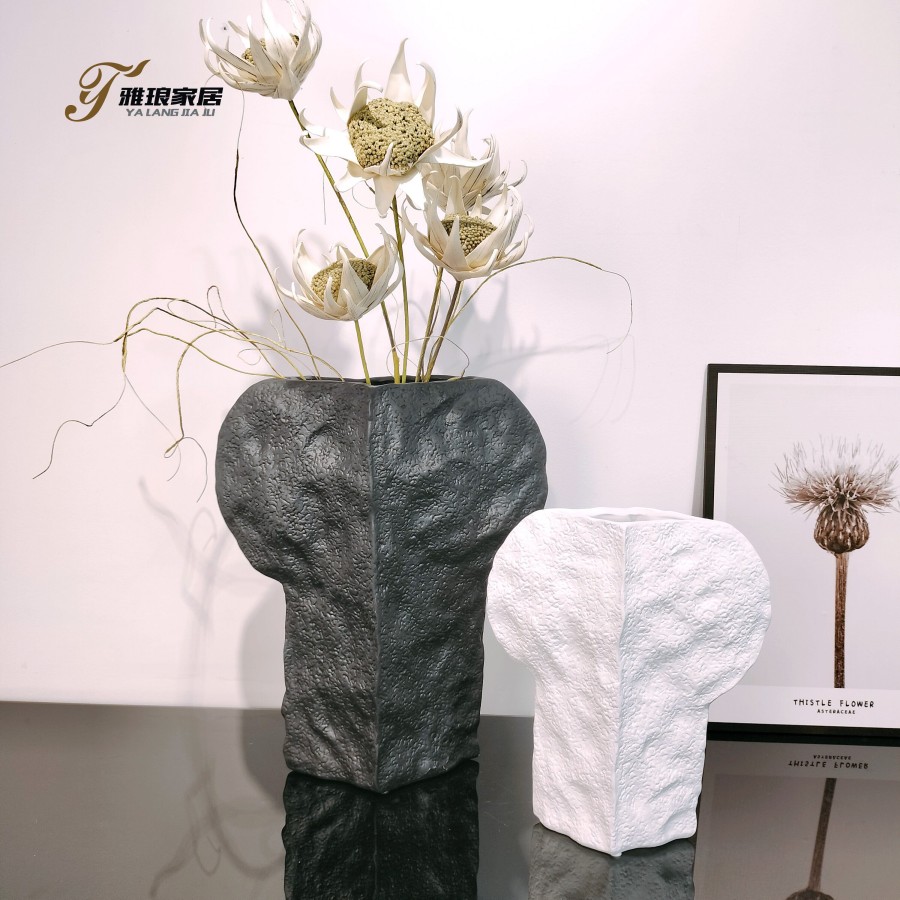 Textured Stone-Inspired Ceramic Vases: Black and White Artistic Home Decor Pieces