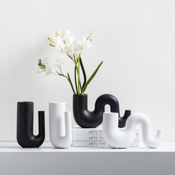 Modern Abstract S-Shaped Ceramic Vase | Black White Set