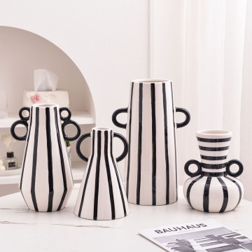 Black & White Striped Ceramic Vase with Double-Ring Handles: Modern Minimalist Home Decor