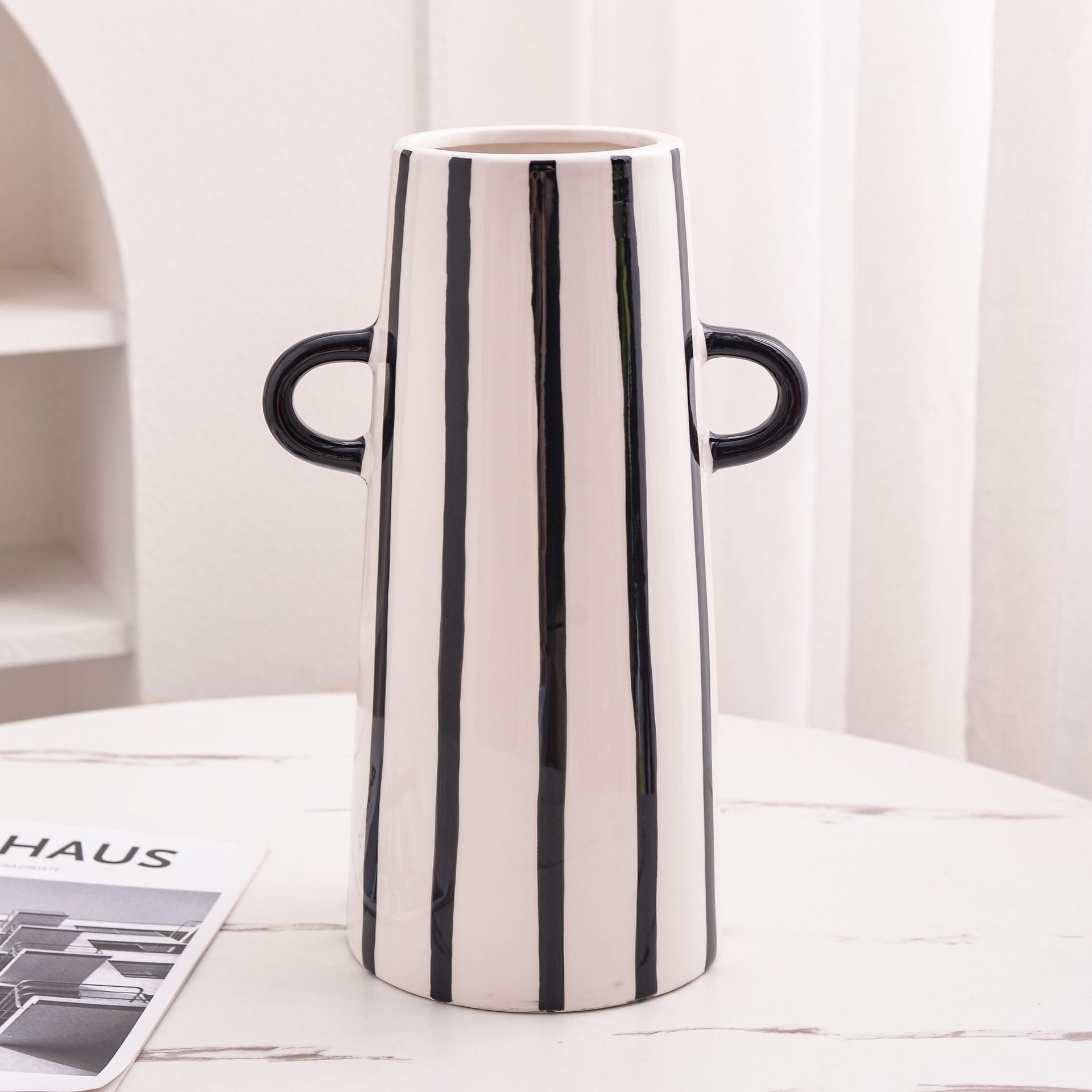 Black & White Striped Ceramic Vase with Double-Ring Handles: Modern Minimalist Home Decor